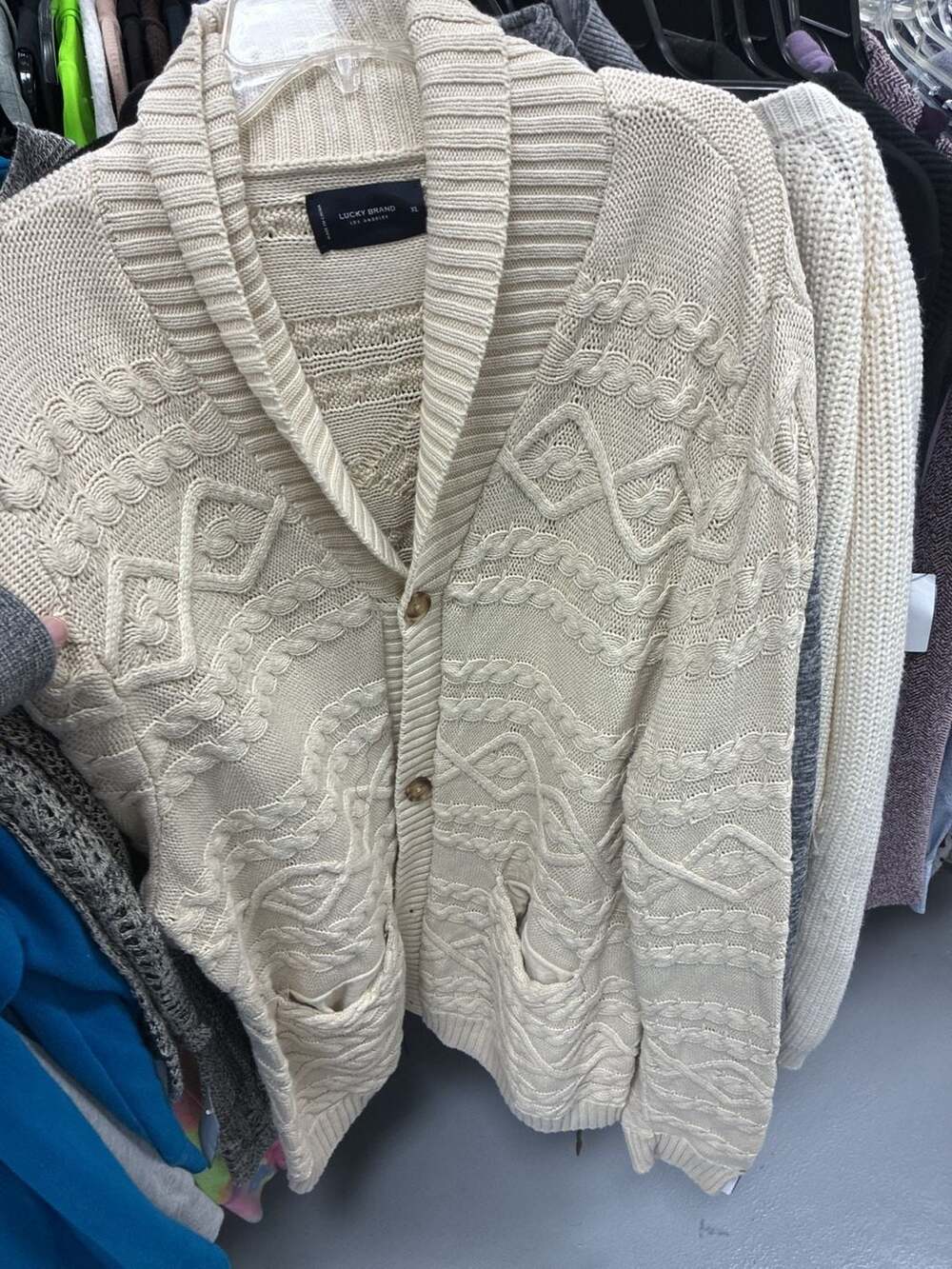 Lucky Brand Shawl Collar Cardigan Size XL Cream Cable Knit Sweater